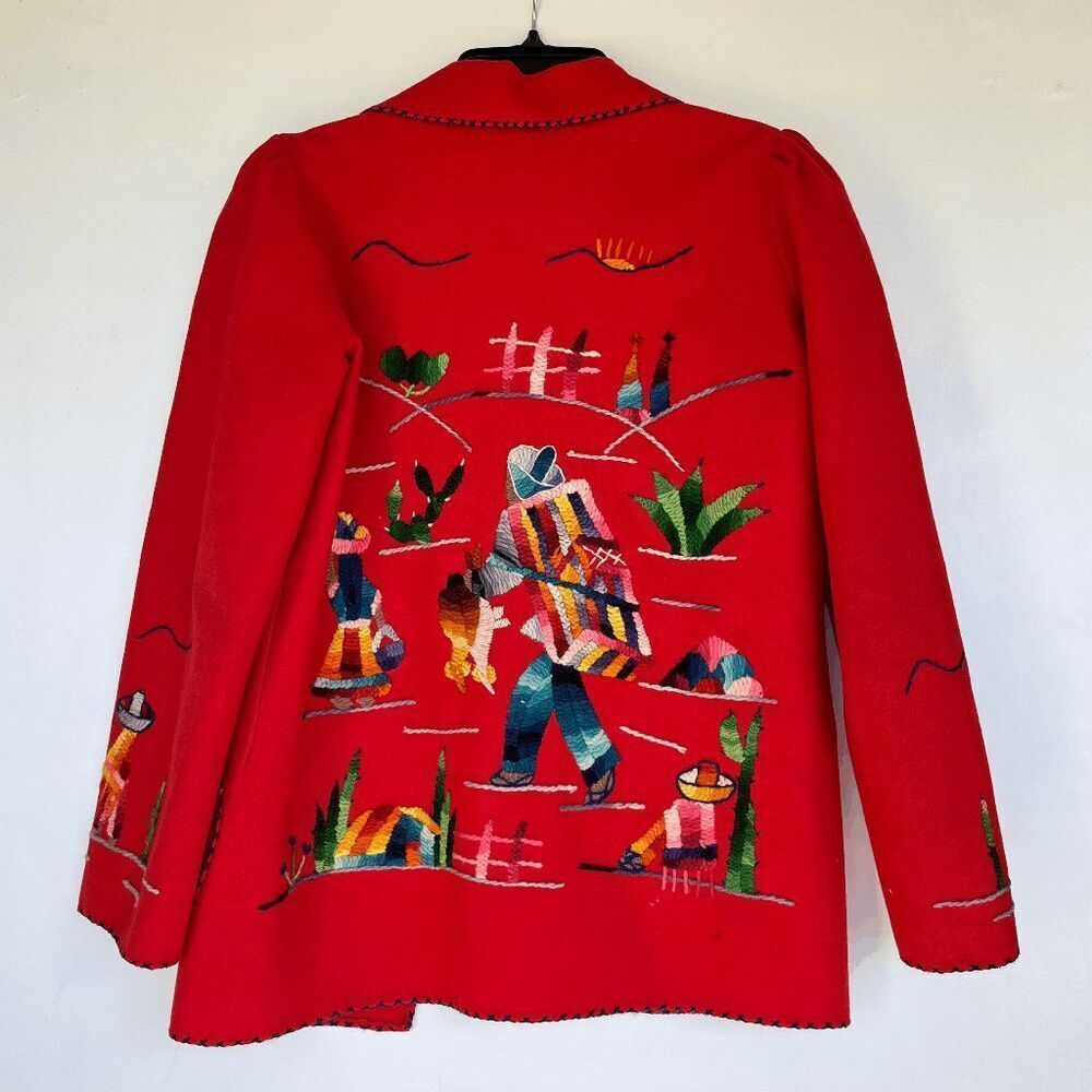 VTG 1940s Mexican Embroidered Wool Jacket Hand-Dyed Yarn, Folk Art, Red Wool S - Picture 3 of 15